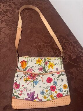 Gucci Flora Canvas Messenger Bag with Tan Leather Trim